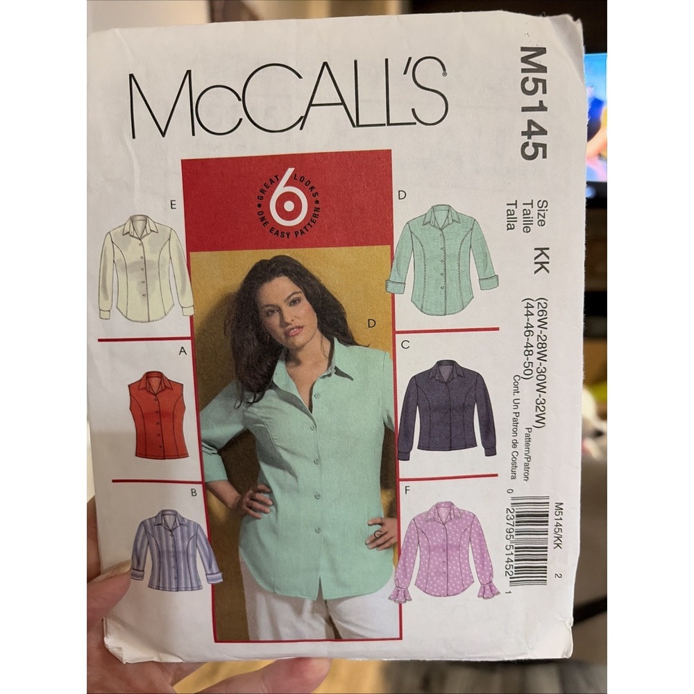 2006 McCalls Women Blouse Sewing Pattern M5145 Size 26W-32W Plus Size Uncut